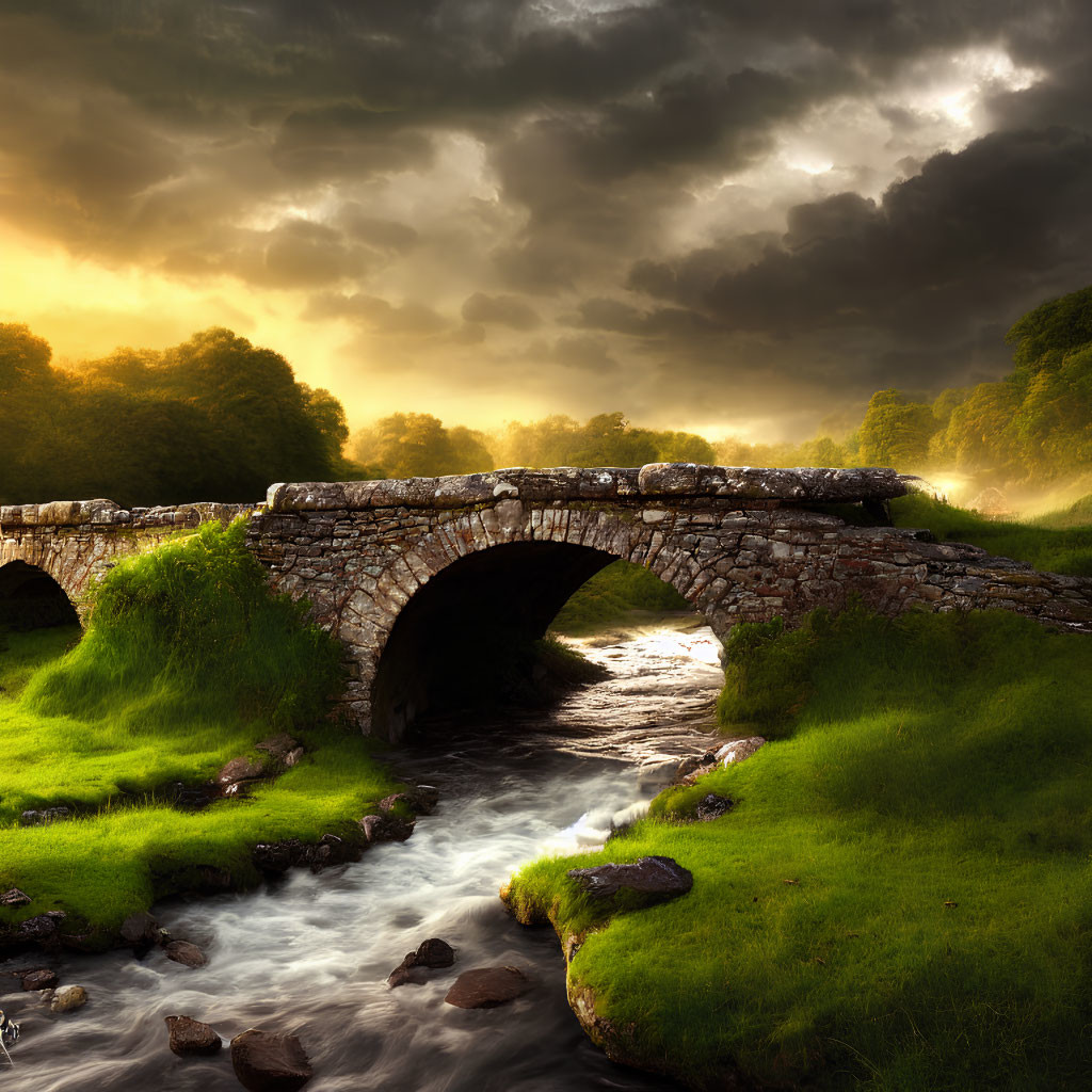 Ancient stone bridge over tranquil stream in lush greenery under dramatic sky