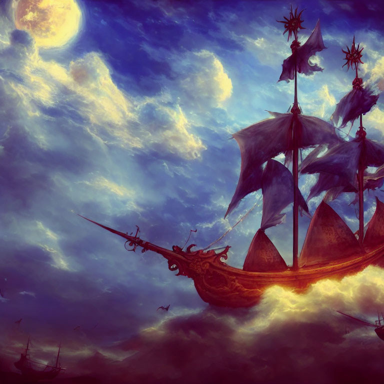 Fantasy ship with star-shaped ornaments sails under twilight skies