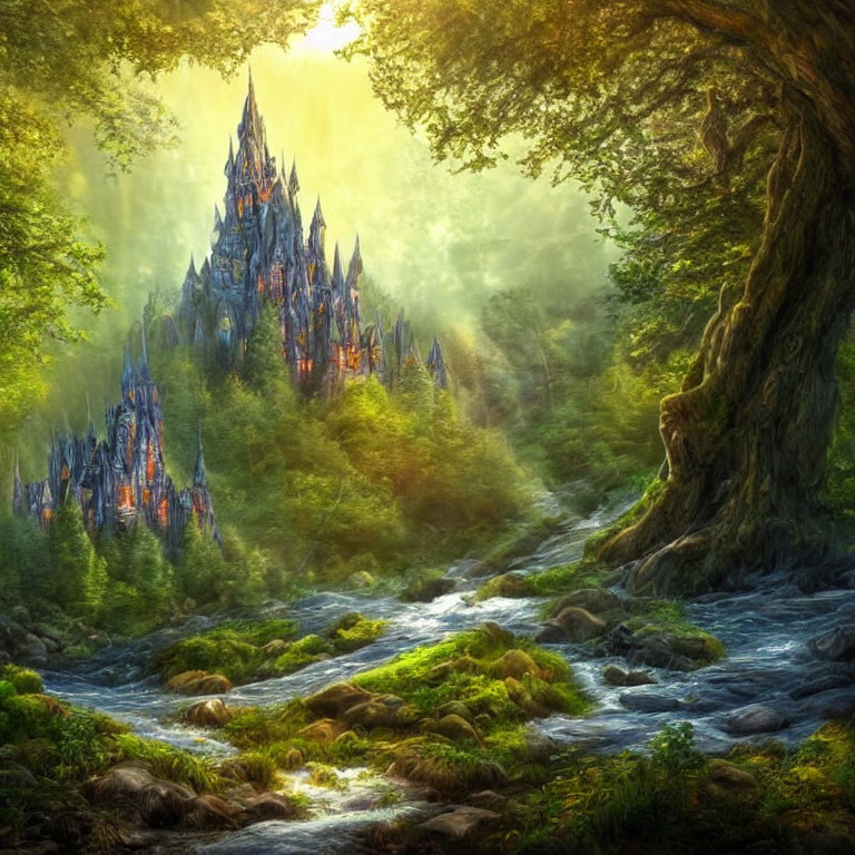 Crystal castle in lush forest with golden sunlight and sparkling stream