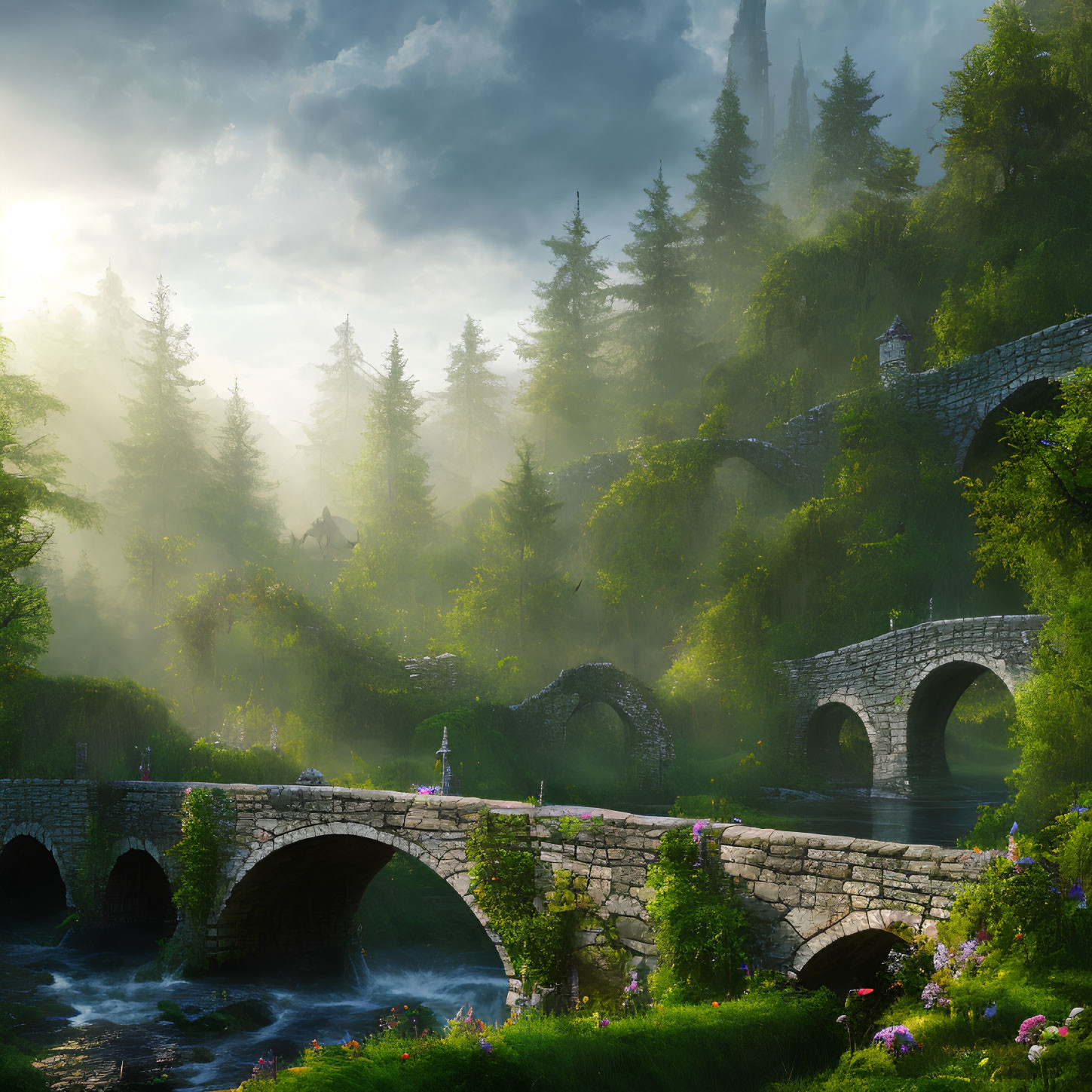 Sunlit mist over serene river and ancient stone bridges in lush forest.