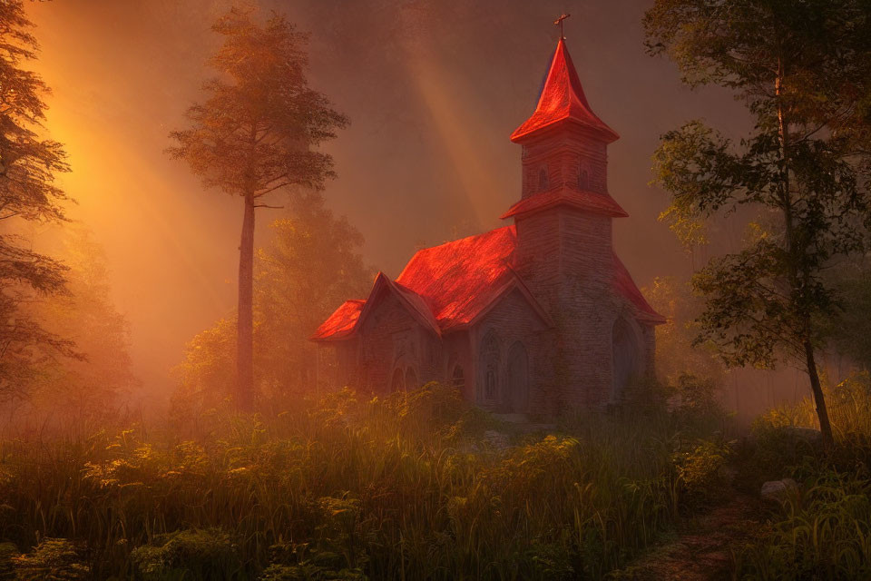 Stone church with red roof in golden sunlight amidst forest and mist.