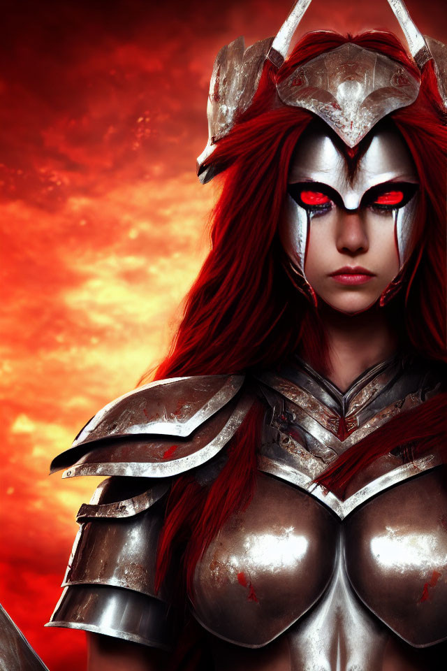 Female warrior in silver armor with glowing red eyes against red sky