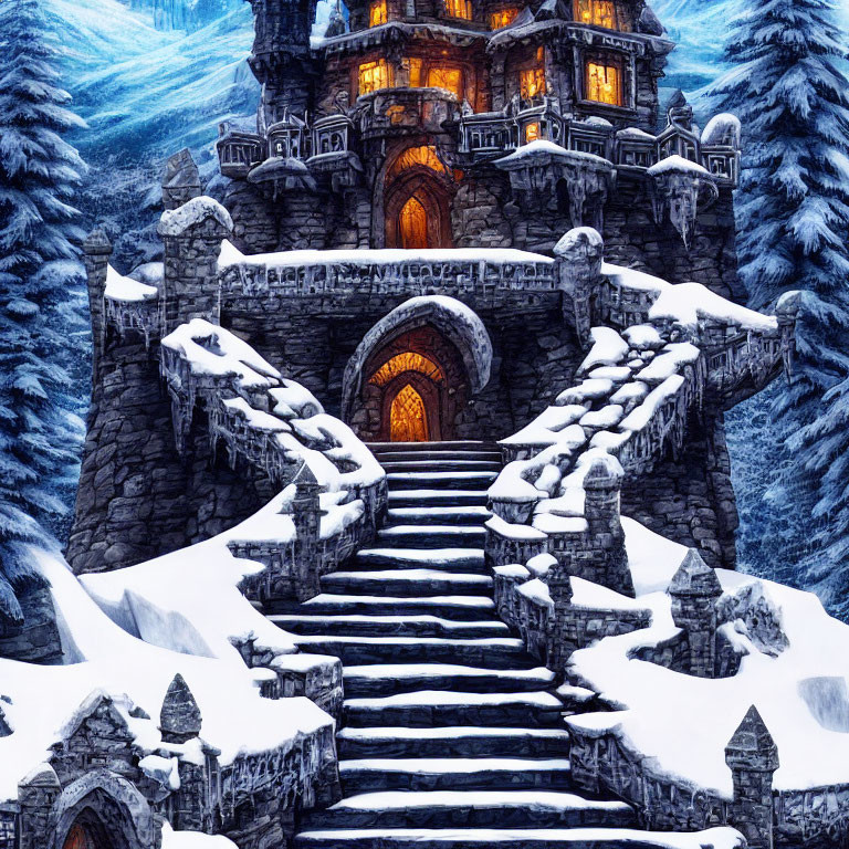 Snowy stairway leads to glowing windows of stone castle in winter scene