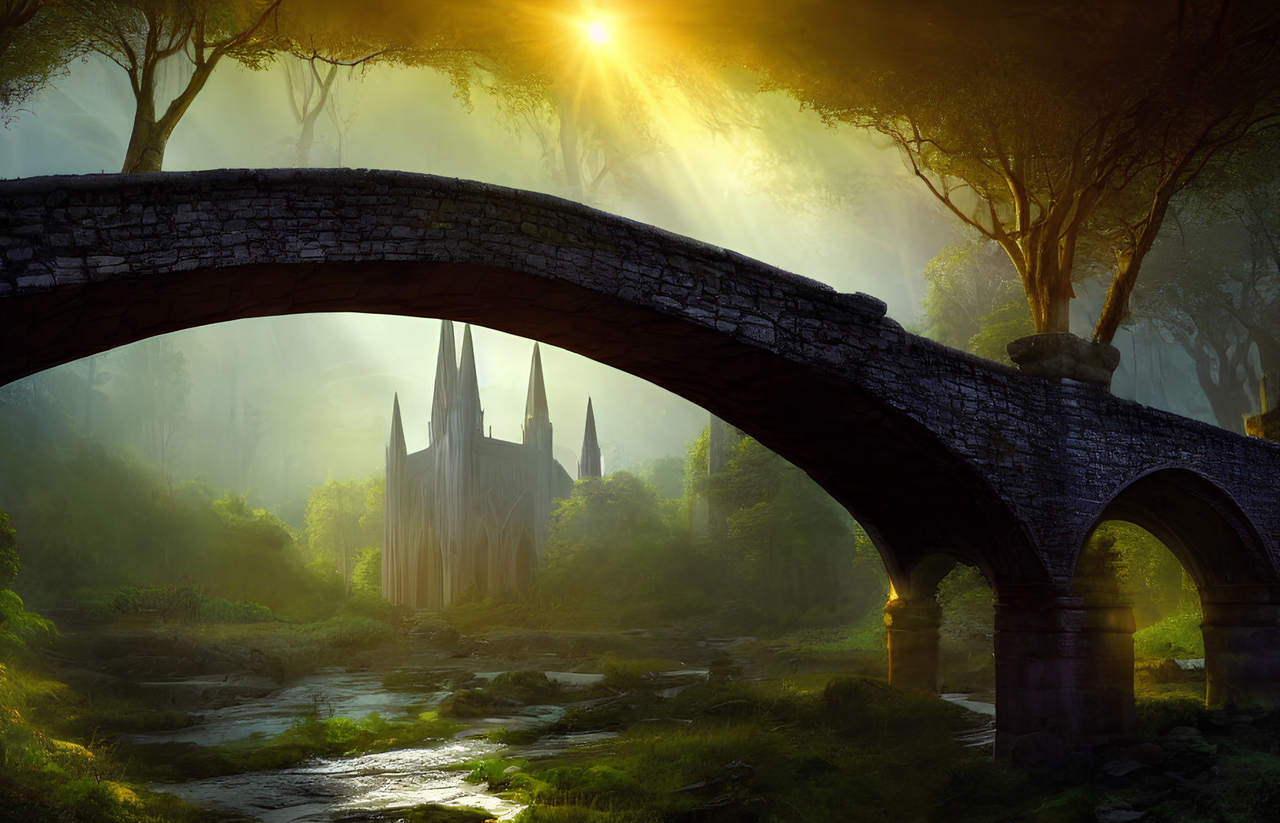 Stone bridge over tranquil stream in misty landscape with distant cathedral