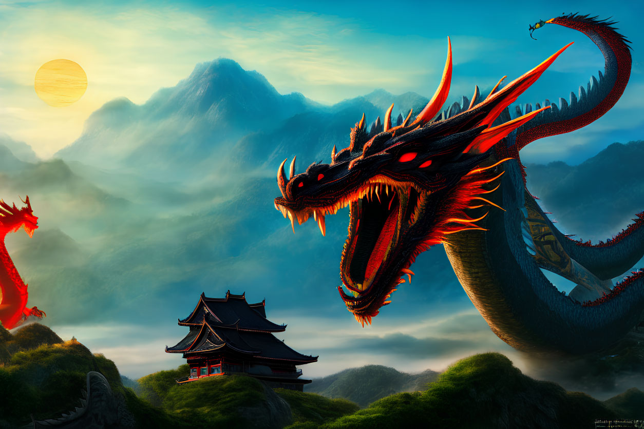 Red dragon in misty mountain landscape with pagoda and rising sun