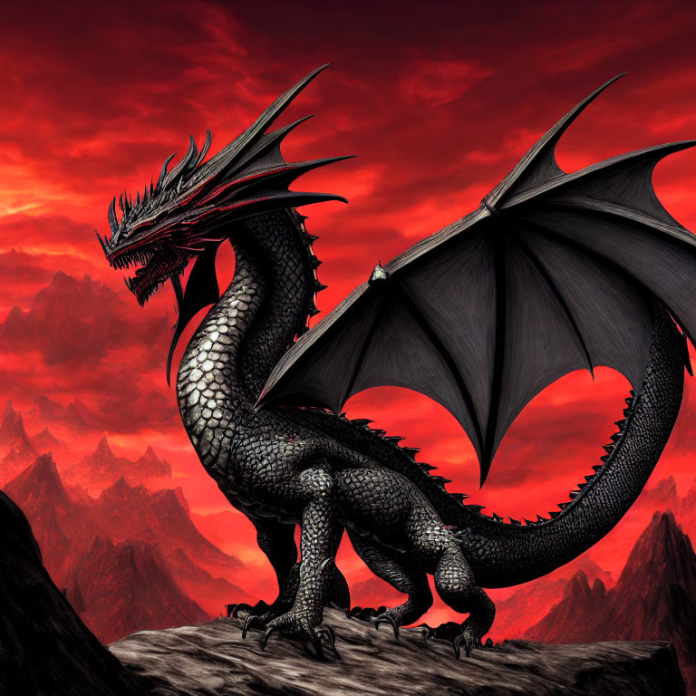 Black Dragon on Rocky Outcrop with Unfurled Wings in Red Sky