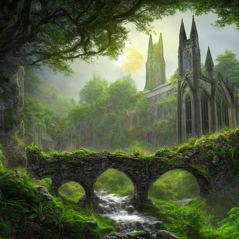 Mystical forest with stone bridge, Gothic cathedral, and lush greenery