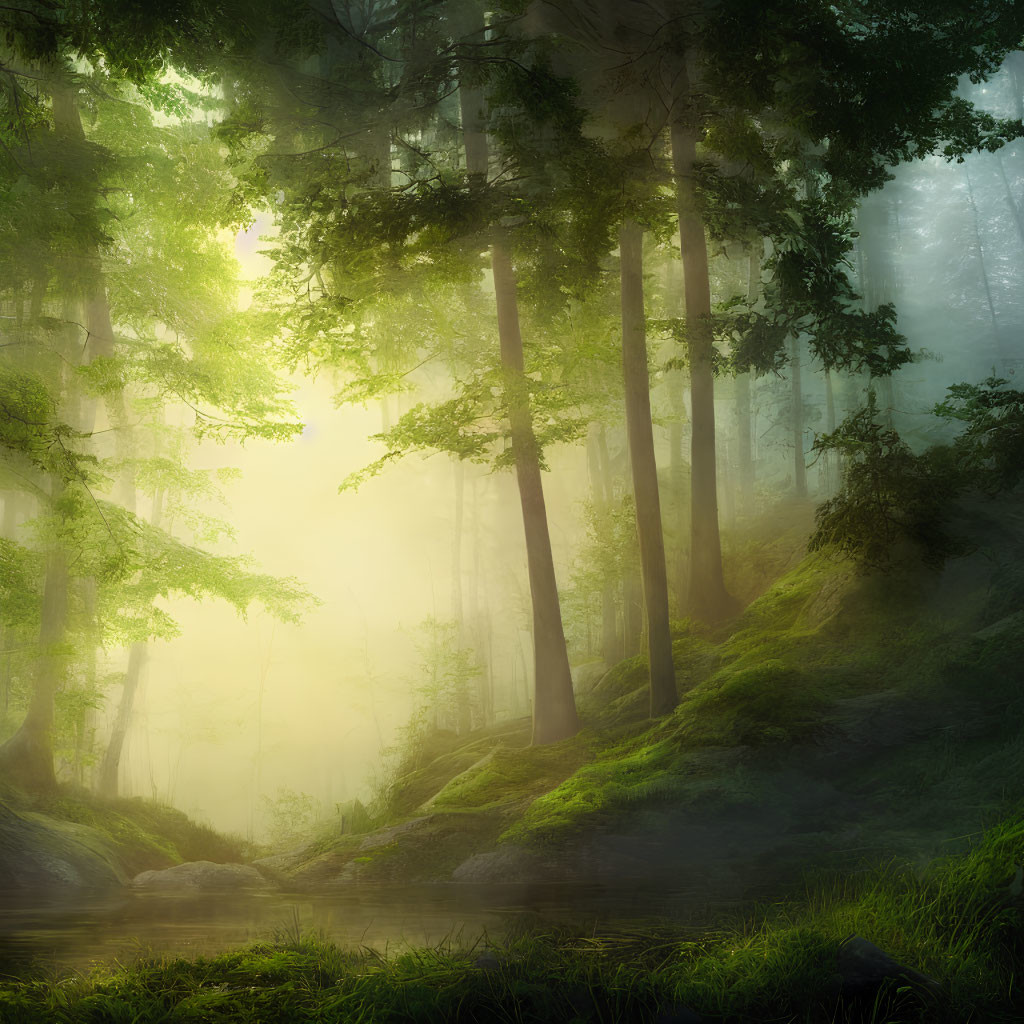 Tranquil Forest Scene with Sunlight, Moss, Trees, and Creek