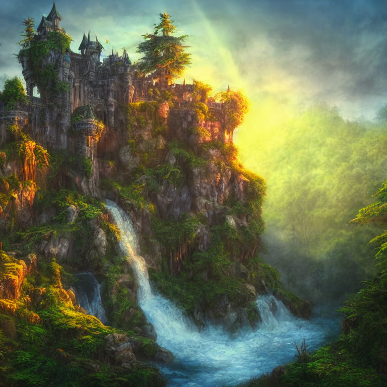 Ethereal castle on misty cliff with waterfall at sunrise