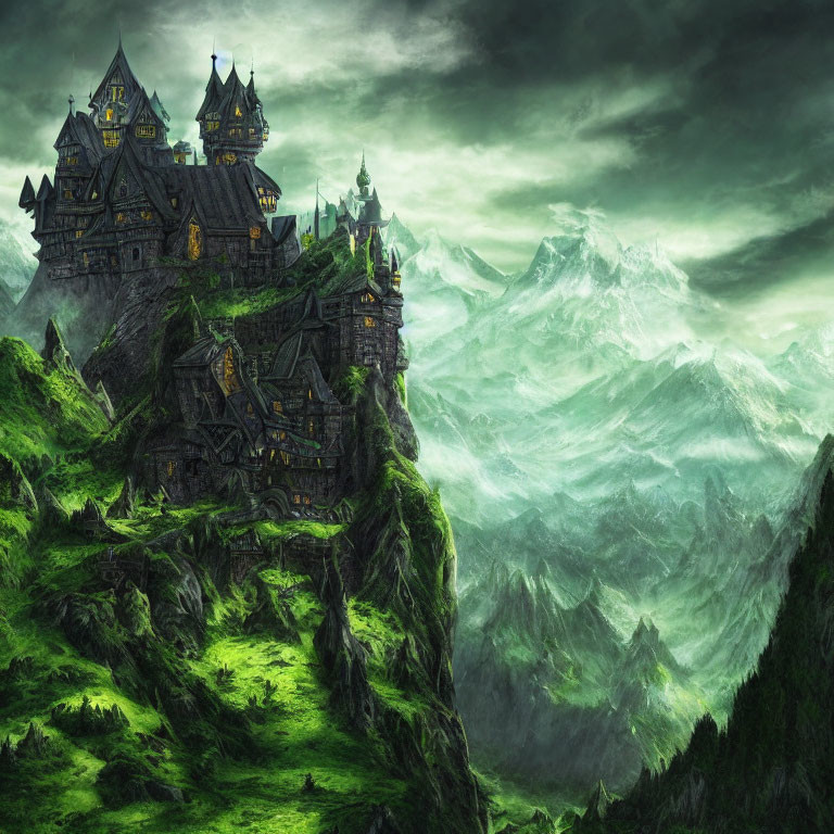 Gothic castle on rugged cliffs in fantasy landscape