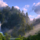 Tranquil waterfall in misty green forest under serene sky