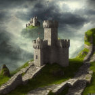 Stone castle with towers on misty green hill under dramatic sky