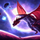 Red dragon in cosmic setting with planets and spaceship under purple sky
