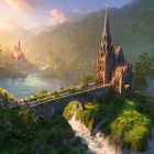 Gothic church by river with sunbeams in lush forest landscape