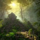 Misty forest canopy sunlight on ancient overgrown temple