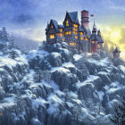 Majestic illuminated castle on snowy cliffs in twilight winter scene