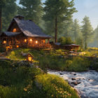 Cozy cabin in forest with river and illuminated windows