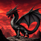 Black dragon with large wings on rocky terrain against red sky & mountains.