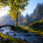 Person on Arched Stone Bridge Over Vibrant Stream Amid Misty Woods