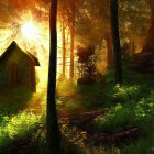 Sunlit forest chapel with cross in lush greenery