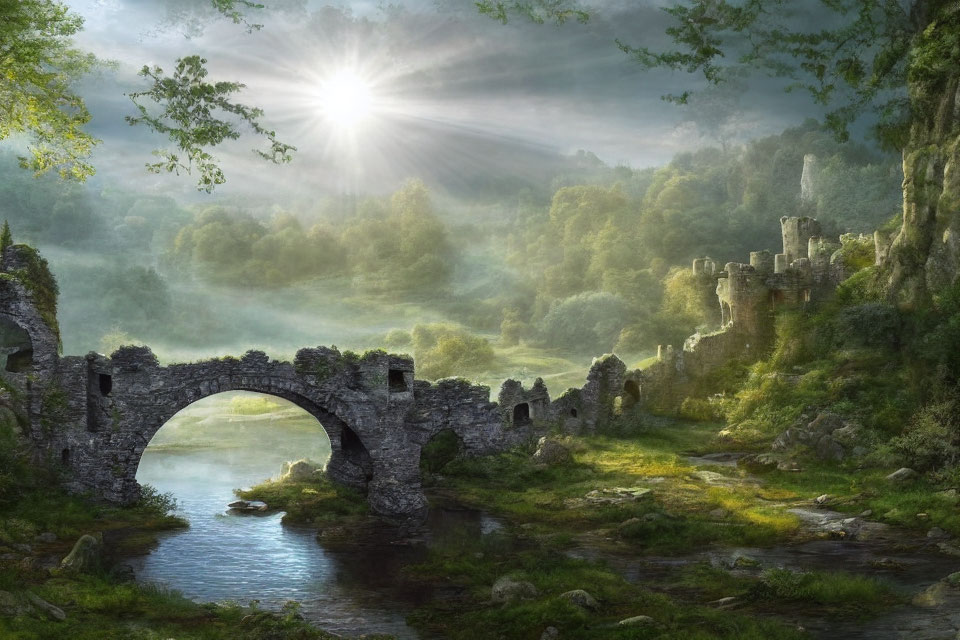 Sunlight on serene landscape with ancient stone bridge, river, ruins, and forest.