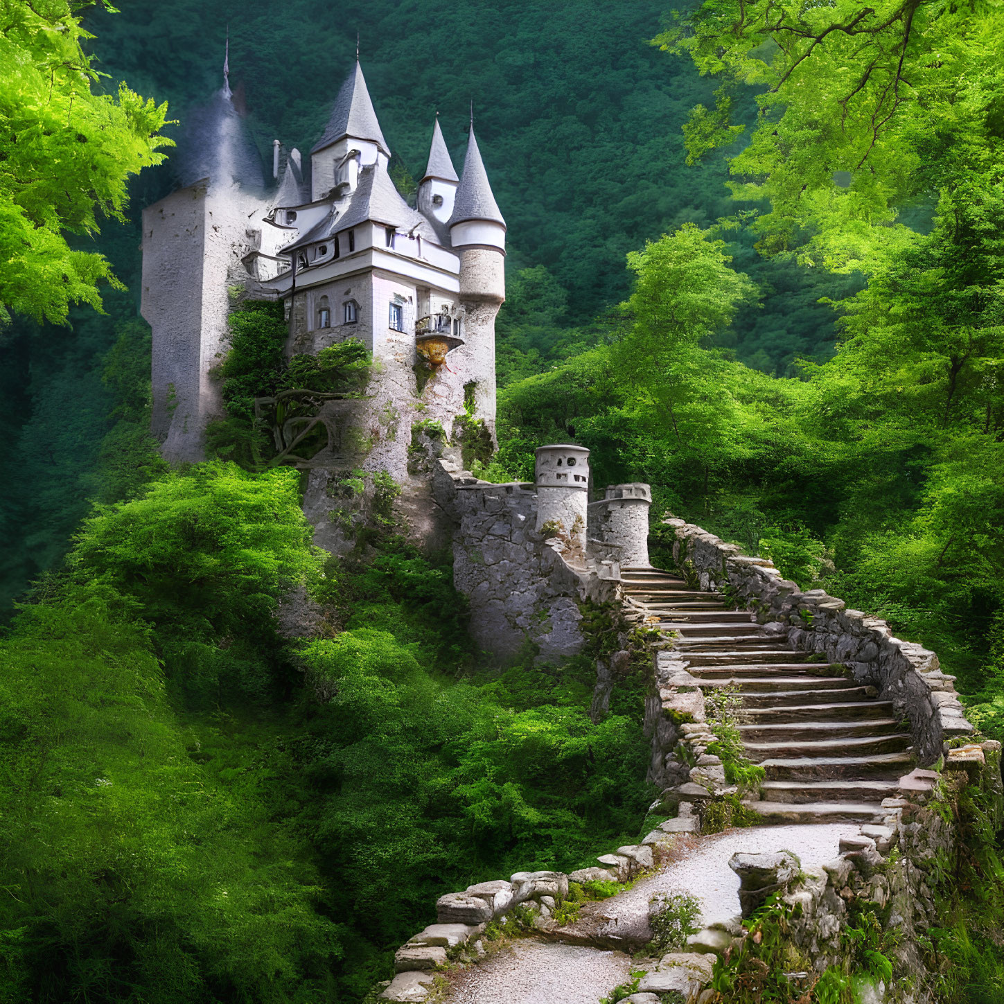 Castle with multiple spires on lush green hillock connected by ancient stone stairway through verdant forest