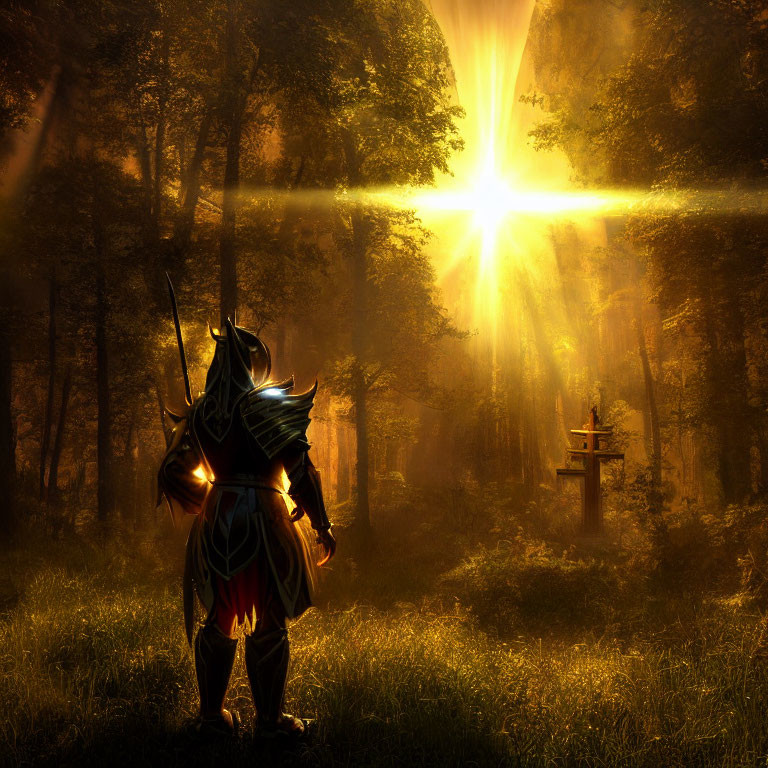 Armored warrior in sunlit forest with tranquil cross.