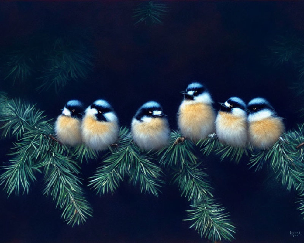 Six fluffy birds with black eye stripes perched on conifer branch.