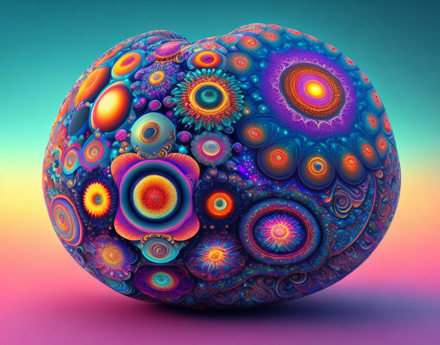 Colorful spherical object with intricate floral and fractal patterns on gradient backdrop