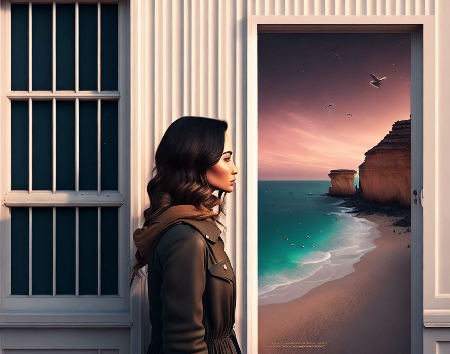 Woman looking at beachscape through open door at twilight