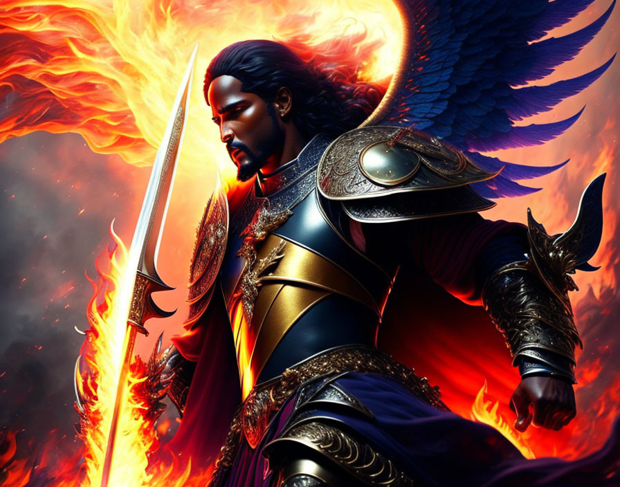 Majestic warrior with wings and sword in ornate armor amidst flames