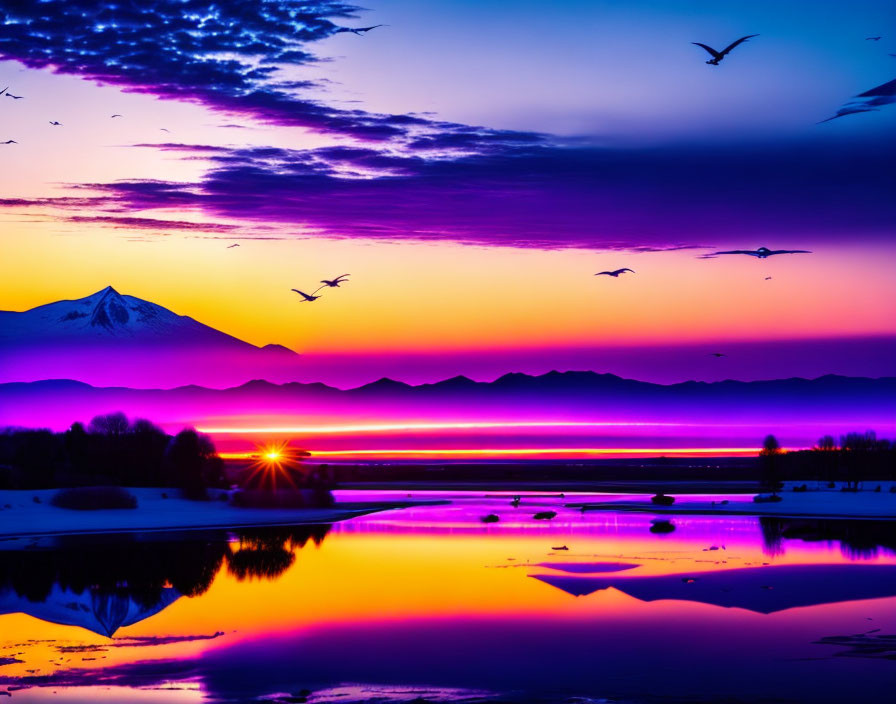 Colorful sunset reflecting on water with silhouetted birds and mountain backdrop