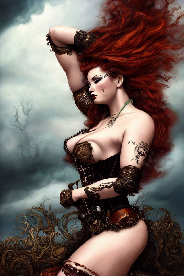 Red-Haired Fantasy Warrior Woman in Elaborate Armor and Tattoos