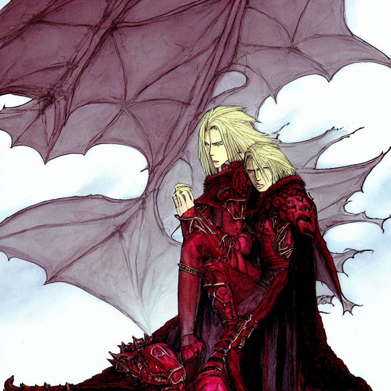 Illustrated characters in dark medieval attire with pale hair and red eyes beside a dragon wing