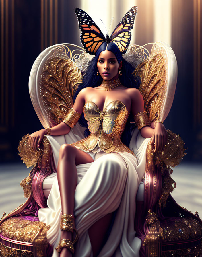 Elegant woman on golden throne with butterfly motifs