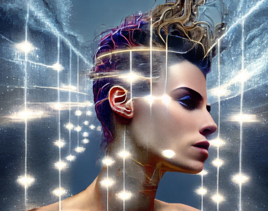 Female figure with cybernetic head and glowing lights on dark background