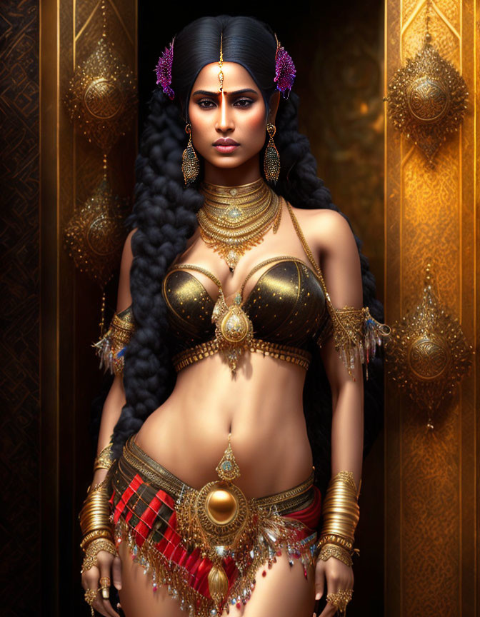 Elaborate gold jewelry on woman in traditional attire against golden backdrop