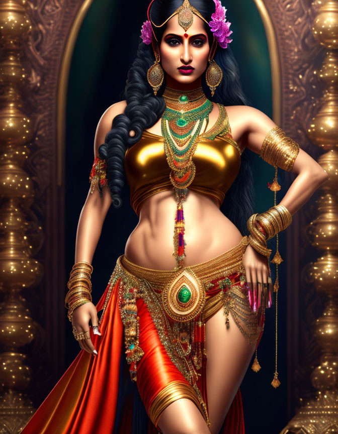 Digital artwork of a woman styled as Indian goddess with golden jewelry and elaborate headpiece against regal backdrop