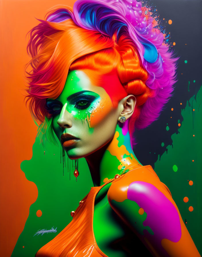 Colorful woman with vibrant hair and makeup against multicolored backdrop