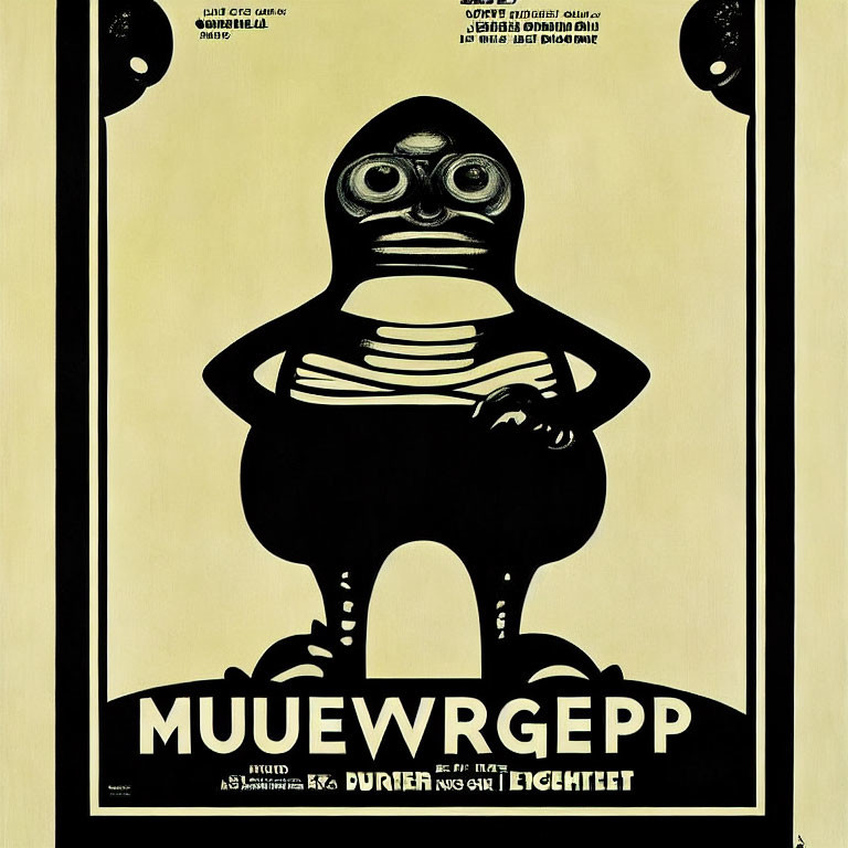 Vintage-style poster with black and yellow color scheme and robotic figure illustration.