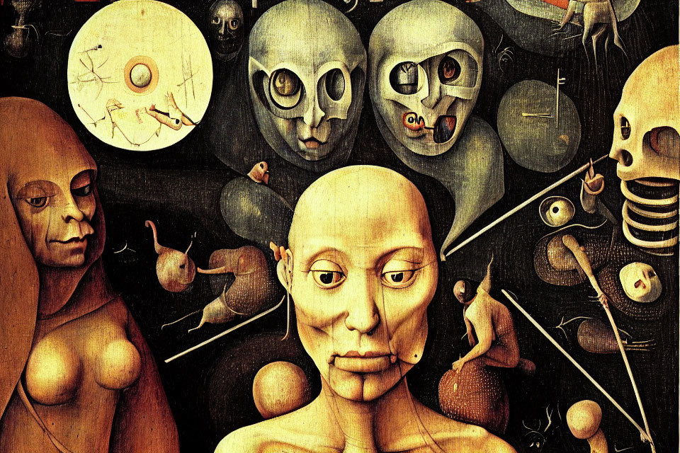 Surreal painting with distorted figures and eerie faces