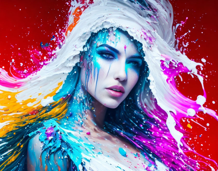Colorful portrait of woman with white and multicolored paint splashes on red background