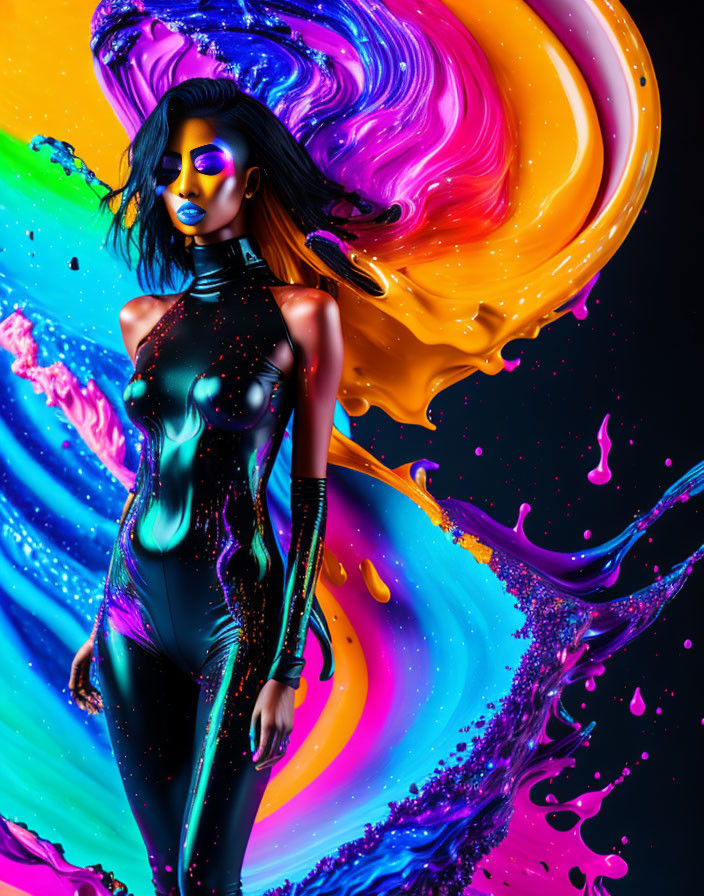 Vibrant makeup merges with colorful liquid swirl in striking image