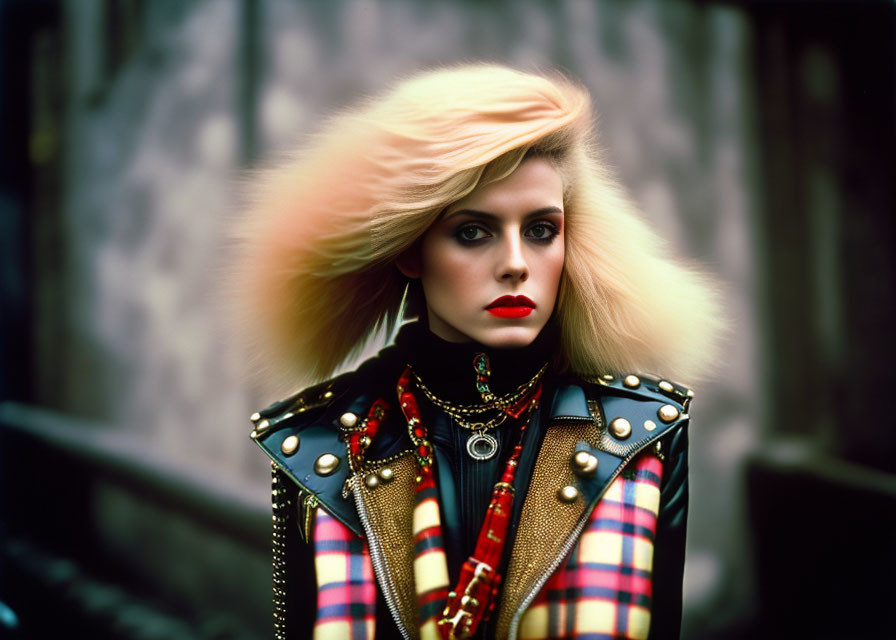 Blonde woman with bold makeup and leather jacket in tartan outfit.