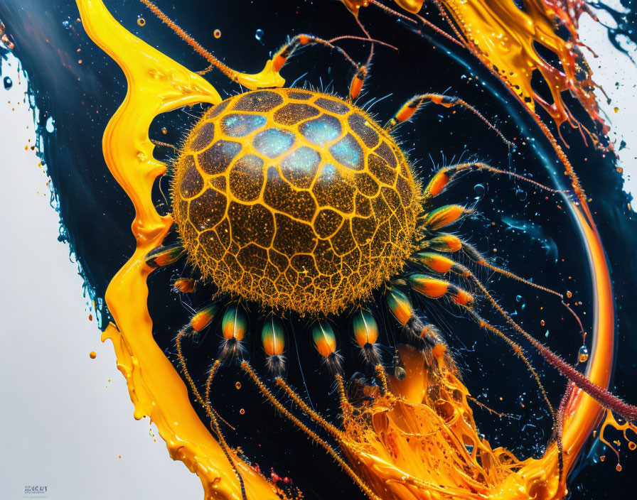Close-up of turtle swimming in colorful ink swirls on black background