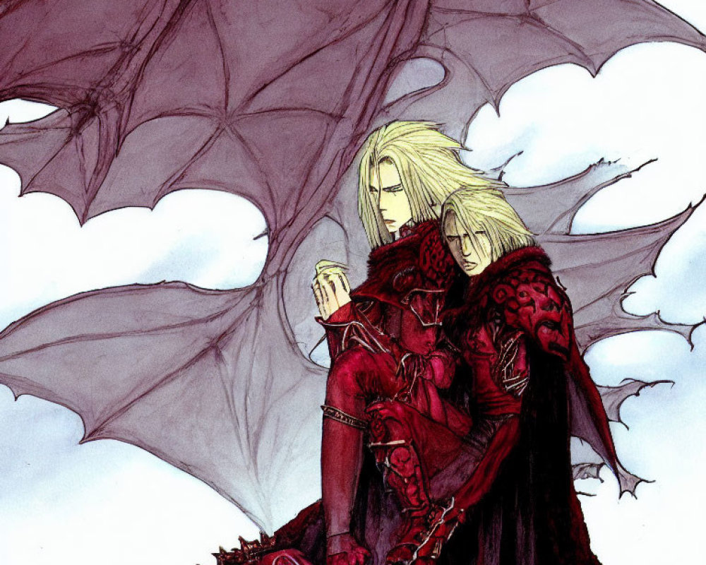 Illustrated characters in dark medieval attire with pale hair and red eyes beside a dragon wing