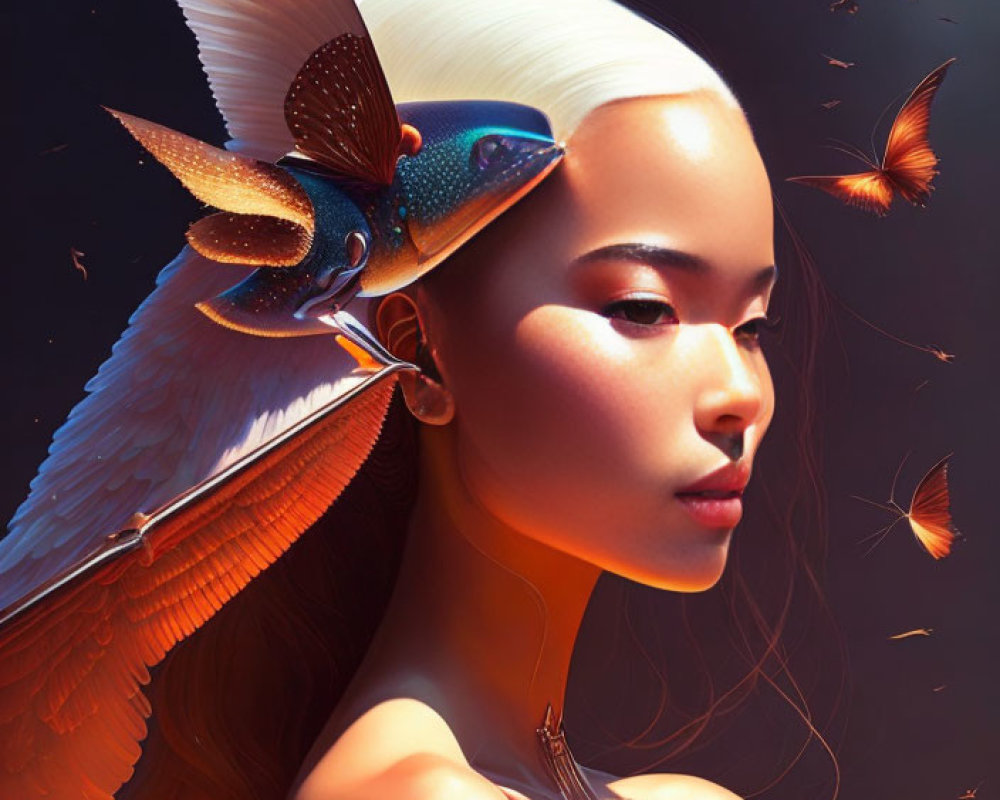 Surreal portrait of woman with vibrant bird on shoulder amid floating feathers