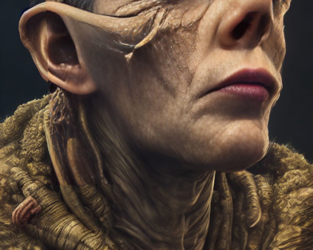 Detailed Artwork: Elf-like Ears, Wrinkled Skin, Layered Neck Attire on