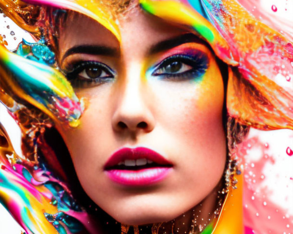 Colorful swirling liquid art on woman's face against white background