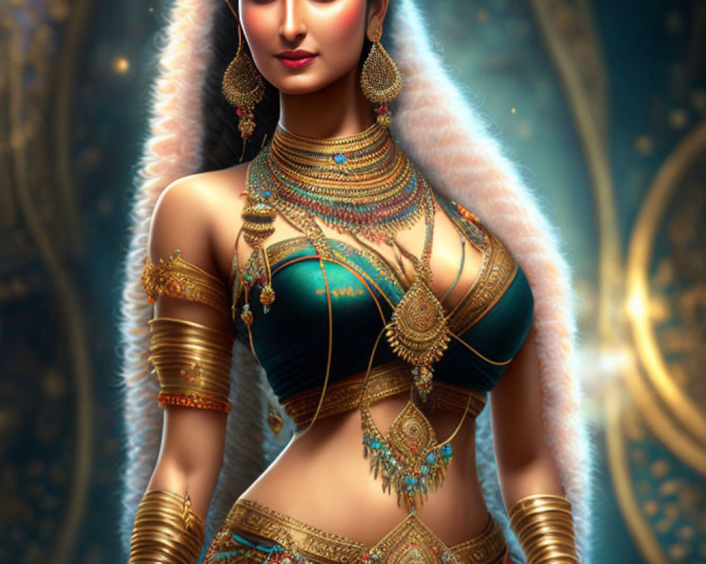 Digital artwork: Woman in traditional Indian attire with intricate gold accessories